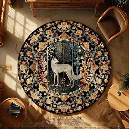 Enchanted Woodland Round Rug Wolf Folklore Aesthetic Dark Cottagecore Decor | Whimsigoth Mystical Decor Whimsical Fairycore Wolf Forestcore