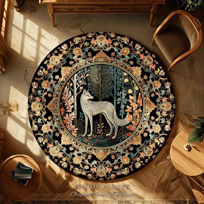 Enchanted Woodland Round Rug Wolf Folklore Aesthetic Dark Cottagecore Decor | Whimsigoth Mystical Decor Whimsical Fairycore Wolf Forestcore