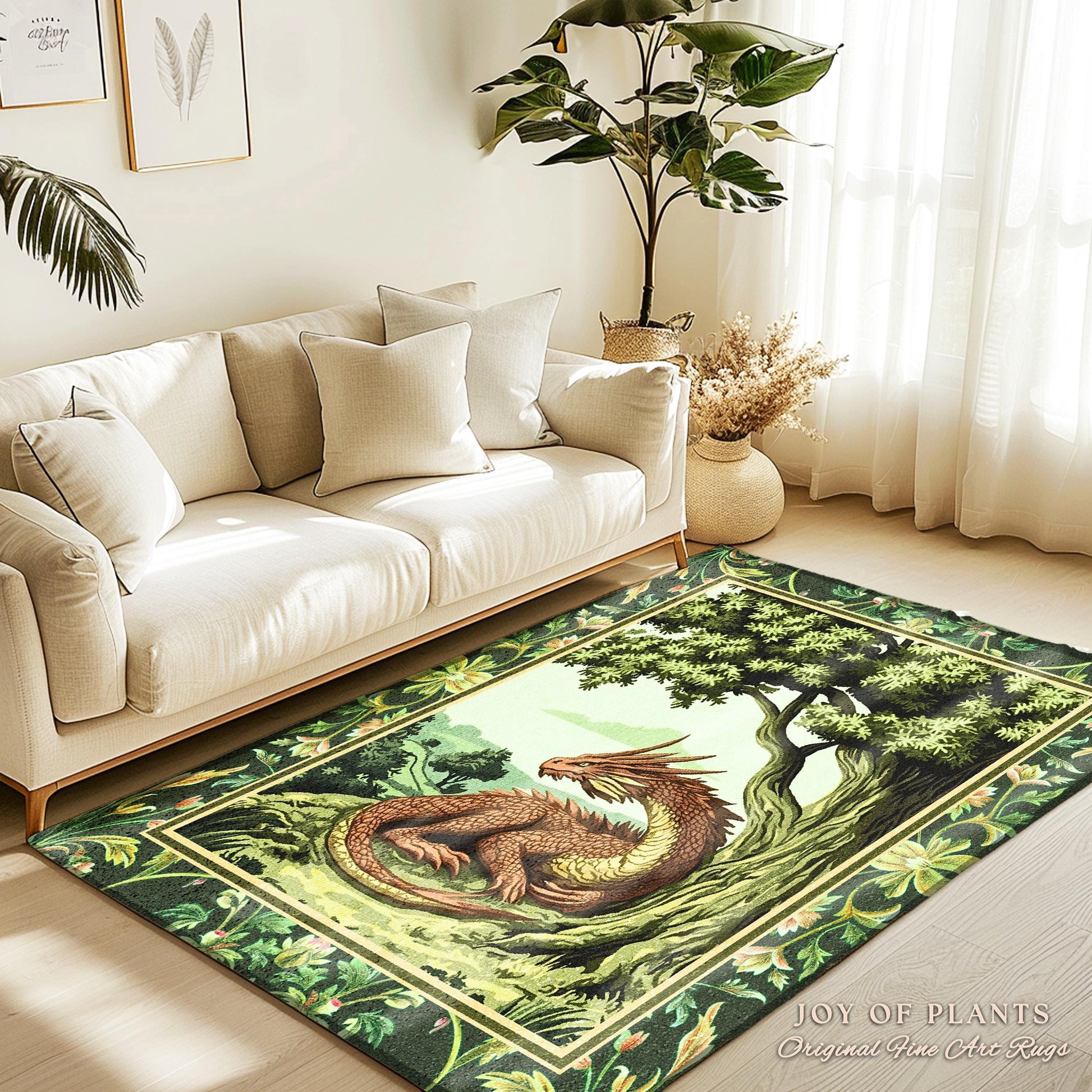 May include: A green and brown area rug with a dragon design. The dragon is curled up in a green forest with a large tree. The rug has a border of green leaves and flowers. The text "JOY OF PLANTS Original Fine Art Rugs" is in the bottom right corner.