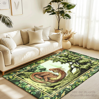 May include: A green and brown area rug with a dragon design. The dragon is curled up in a green forest with a large tree. The rug has a border of green leaves and flowers. The text "JOY OF PLANTS Original Fine Art Rugs" is in the bottom right corner.