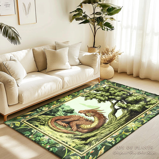 May include: A green and brown area rug with a dragon design. The dragon is curled up in a green forest with a large tree. The rug has a border of green leaves and flowers. The text "JOY OF PLANTS Original Fine Art Rugs" is in the bottom right corner.