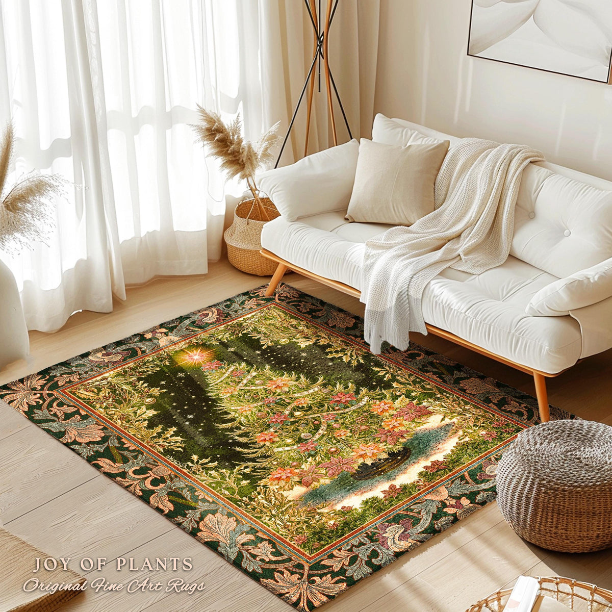 Golden Light Elegant Holiday Rug | Baroque Christmas Home Decor Floral Tree Festive Accent Ornate Decor Cozy Vintage Holiday Aesthetic Style