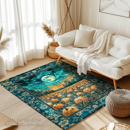 Full Moon Forest Cozy Area Rug | Moody Fall Aesthetic Pumpkin Bedroom Accent Whimsigoth Dark Academia Cute Spooky Decor Rustic Style Home |