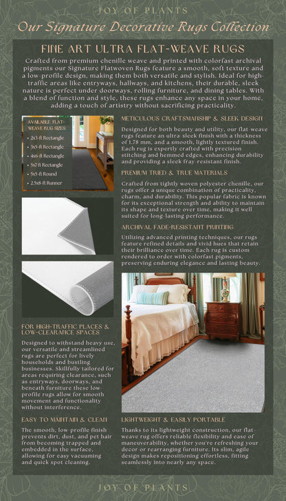 The image is a collage of three images showcasing fine art ultra flat-weave rugs. The first image features a bedroom with a bed and nightstand, the second image displays a living room with a couch and coffee table, and the third image shows a dining area with a table and chairs. The rugs are designed to enhance the style and function of these spaces, and they are made from premium materials and printed with a high-quality finish.