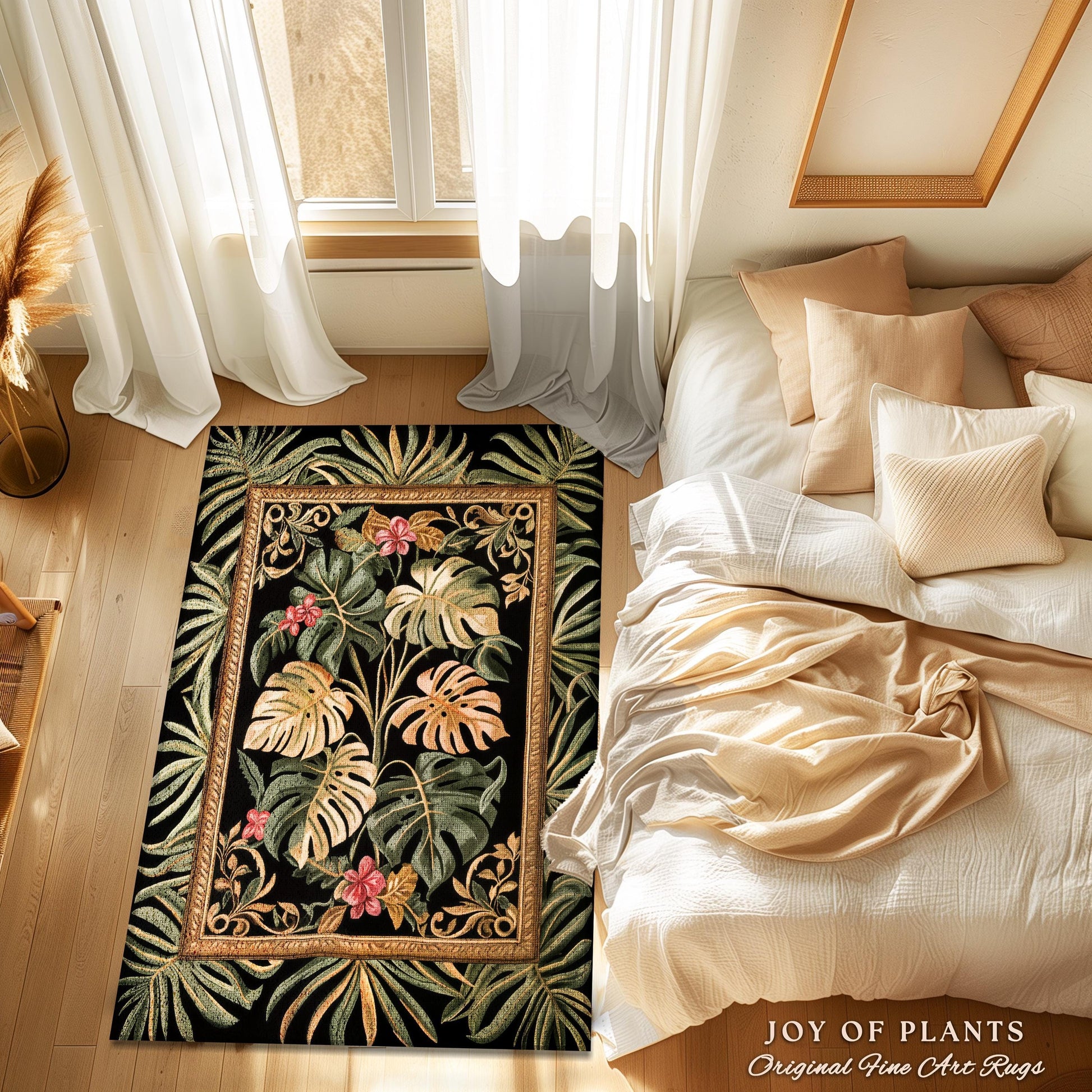 Dark Academia Monstera Lover Rug | Whimsical Botanical Statement Rug Exotic Foliage Dark Tropical Cottagecore Jungle Theme Indie Bedroom |