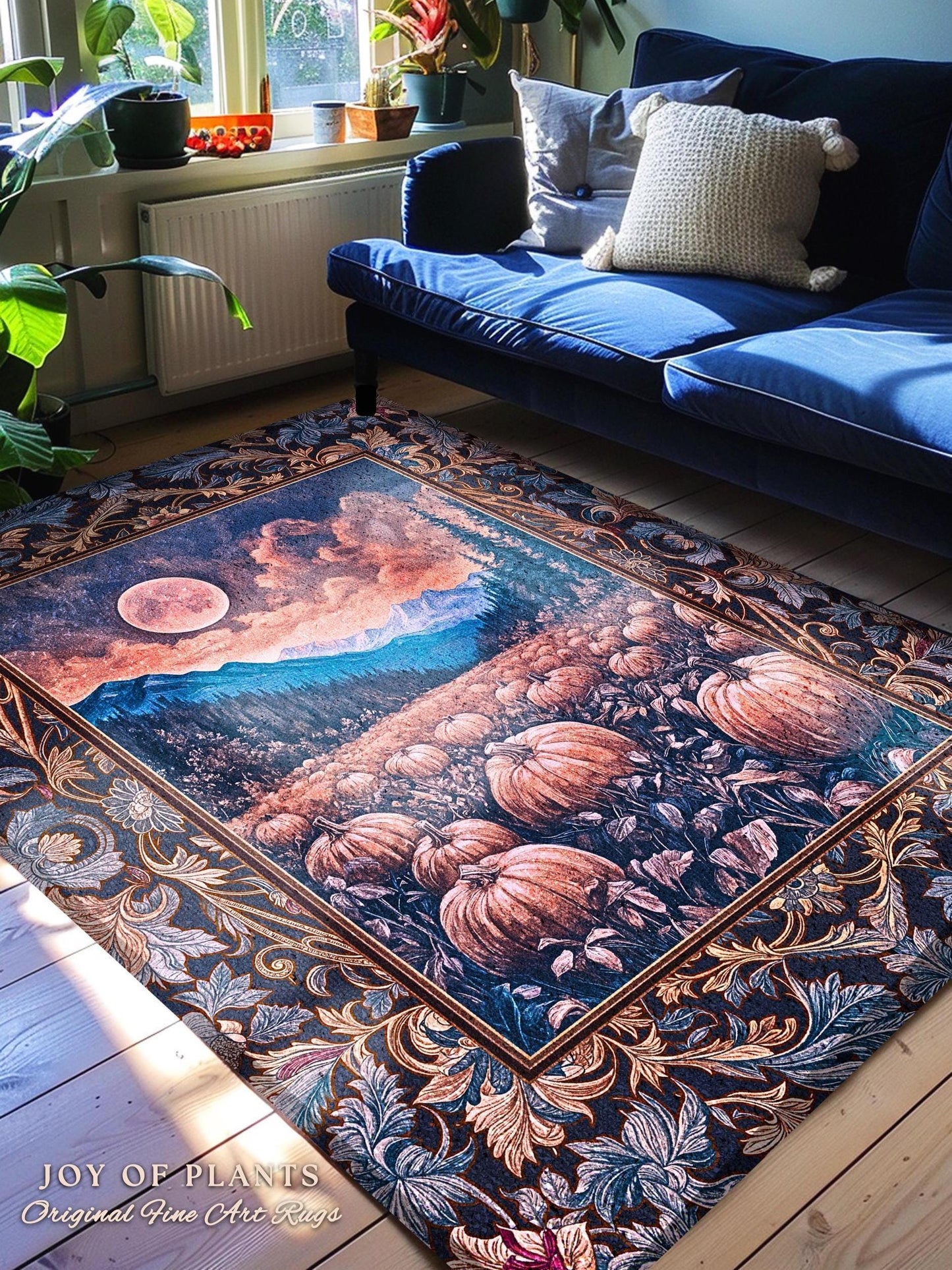 Pastel Dusk Moon Accent Rug | Autumn Aesthetic Gothiccore Bedroom Area Rug Whimsigoth Pumpkin Patch Decor Fall Accent Rustic Halloween Style