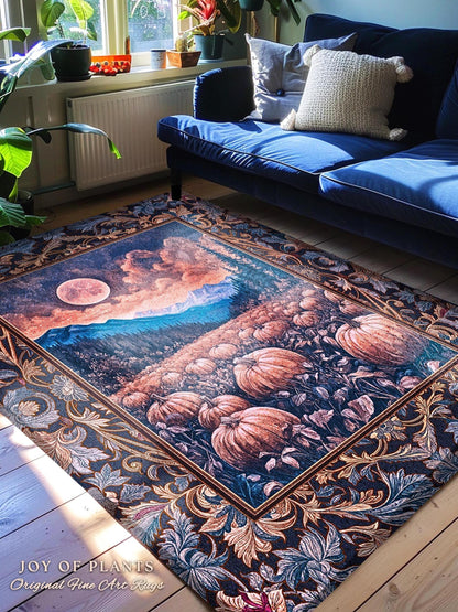 Pastel Dusk Moon Accent Rug | Autumn Aesthetic Gothiccore Bedroom Area Rug Whimsigoth Pumpkin Patch Decor Fall Accent Rustic Halloween Style
