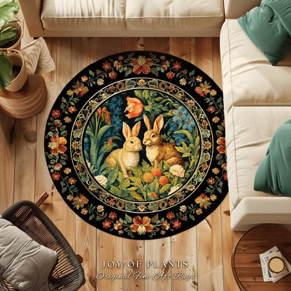 Bunnies in the Tulips Rug | Pastel Floral Bedroom Decor William Morris Inspired Cottagecore Room Light Academia Style Rug Mystical Home