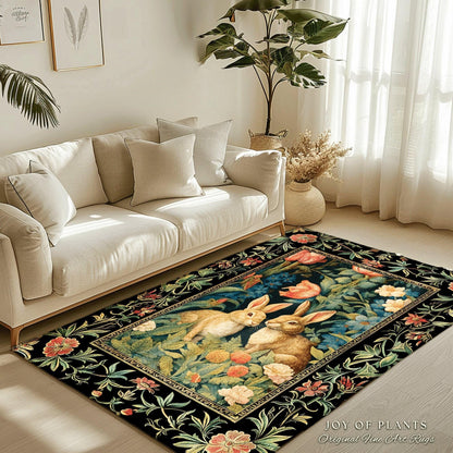 Bunnies in the Tulips Rug | Pastel Floral Bedroom Decor William Morris Inspired Cottagecore Room Light Academia Style Rug Mystical Home