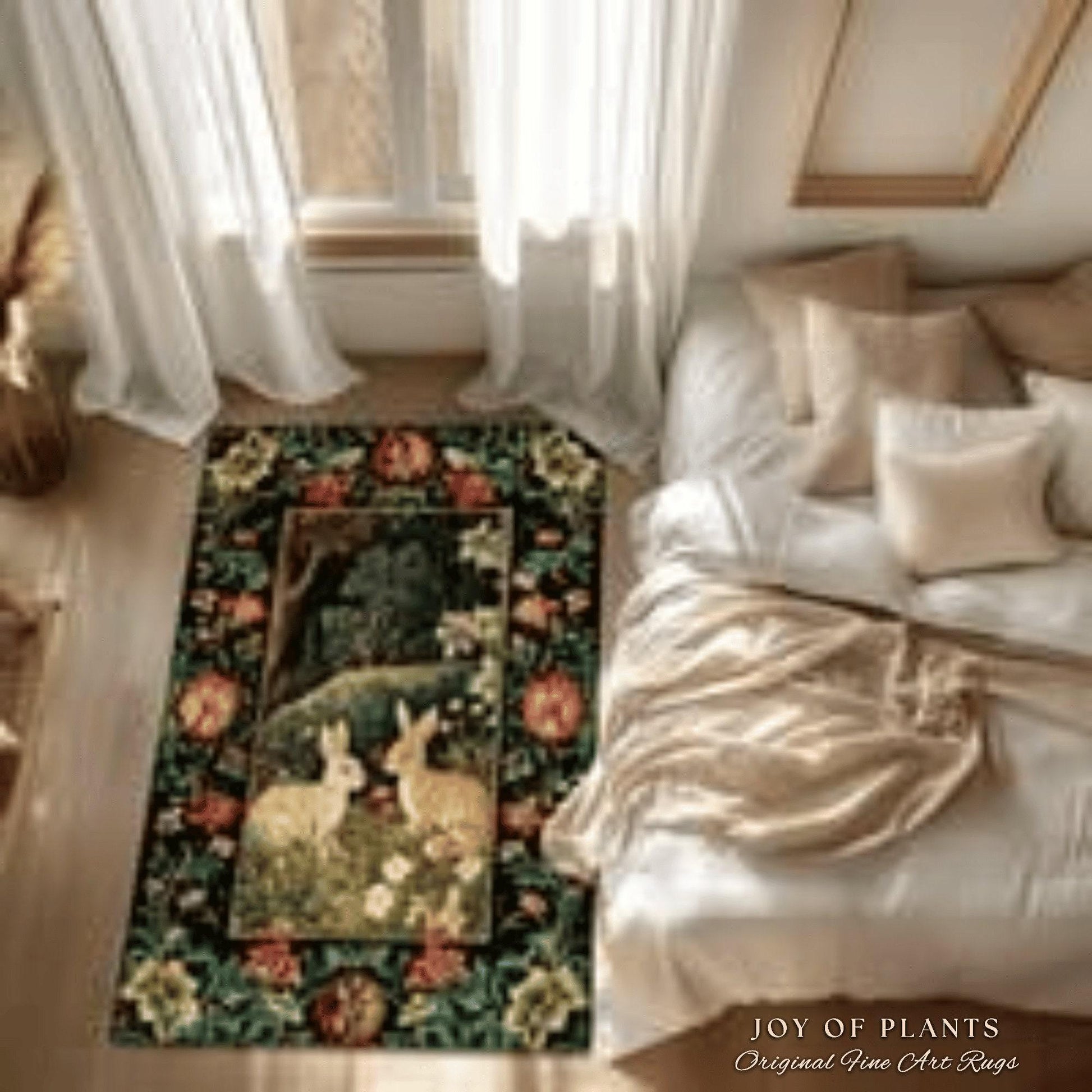 Botanical Bedroom Decor Round Bunny Rug Morris Inspired Cottagecore Light Academia Style Rug | Soft Aesthetic Victorian Floral Rabbit Rug