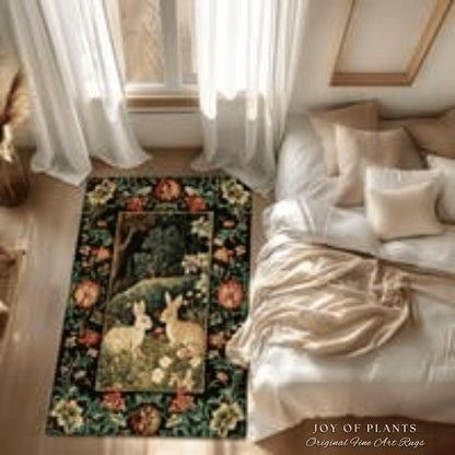 Botanical Bedroom Decor Round Bunny Rug Morris Inspired Cottagecore Light Academia Style Rug | Soft Aesthetic Victorian Floral Rabbit Rug