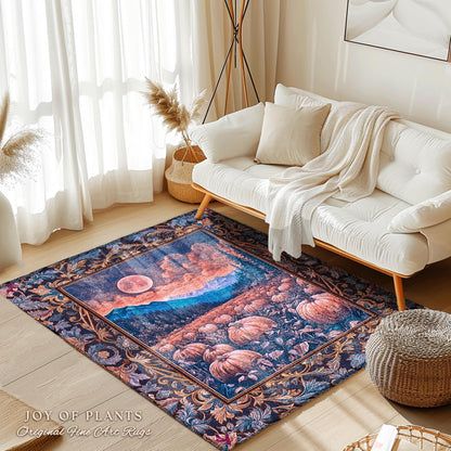 Pastel Dusk Moon Accent Rug | Autumn Aesthetic Gothiccore Bedroom Area Rug Whimsigoth Pumpkin Patch Decor Fall Accent Rustic Halloween Style