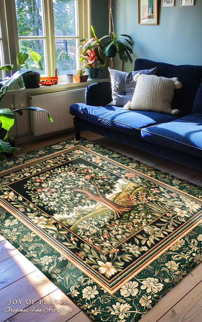 Botanical Tree of Life Accent Rug | Ornate Floral Heritage Decor Vintage Nature Aesthetic Cottagecore Fairycore Bedroom Woodland Inspired