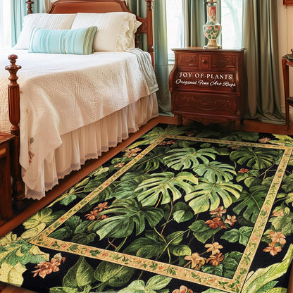 Plant Lover Botanical Area Rug | Exotic Foliage Tropical Cottagecore Jungle Theme Statement Rug Elegant Botanical Monstera Houseplant Decor