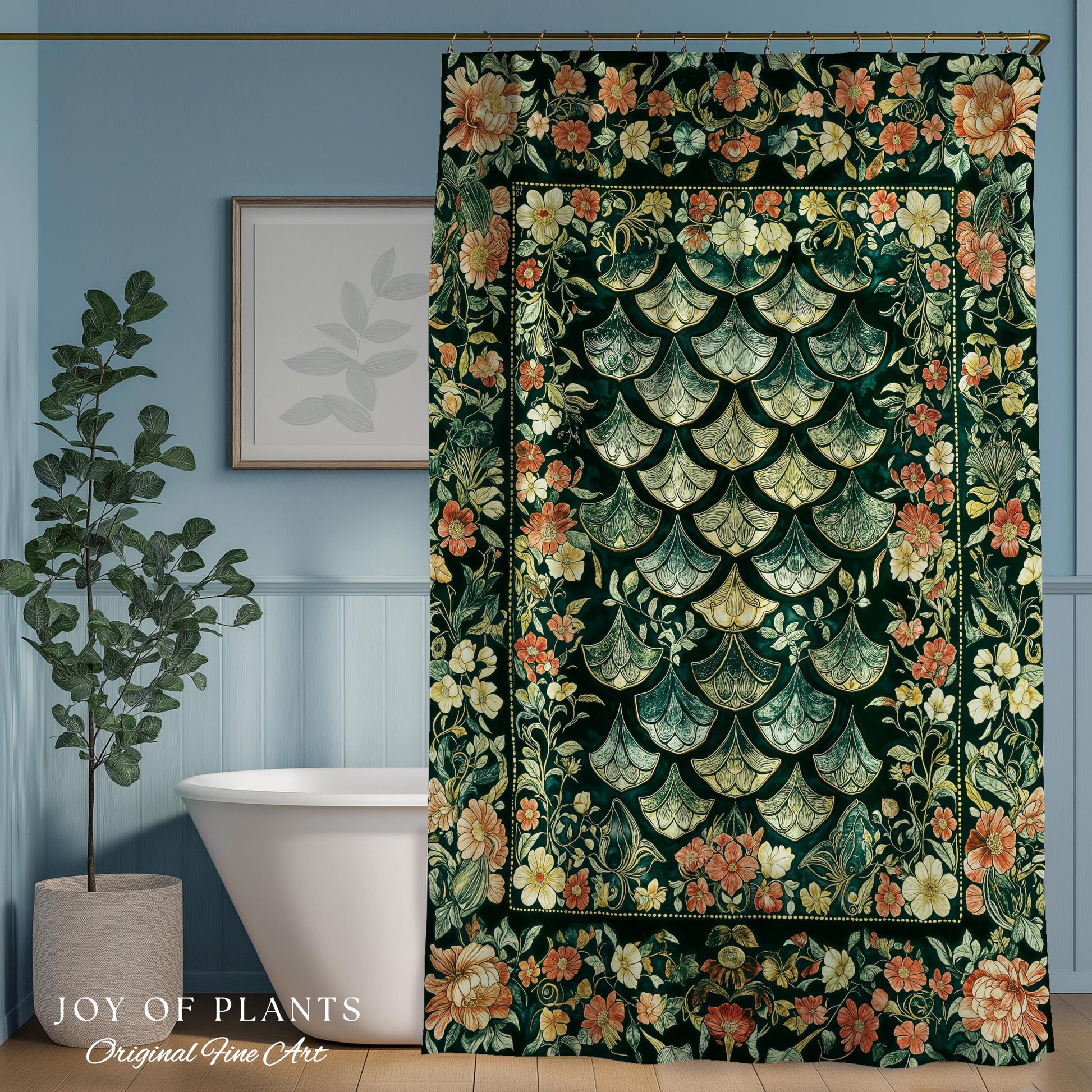 May include: A dark green shower curtain with a floral and geometric design. The curtain features a central pattern of overlapping fan shapes in shades of gold and green, surrounded by a border of orange and yellow flowers. The text "JOY OF PLANTS Original Fine Art" is at the bottom.
