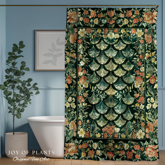 May include: A dark green shower curtain with a floral and geometric design. The curtain features a central pattern of overlapping fan shapes in shades of gold and green, surrounded by a border of orange and yellow flowers. The text "JOY OF PLANTS Original Fine Art" is at the bottom.