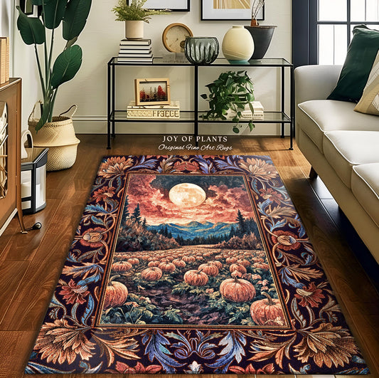 Lunar Night Sky Fall Pumpkin Rug | Autumn Aesthetic Rustic Bedroom Accent Rug Dark Academia Decor Cute Spooky Halloween Vibes Eclectic Style