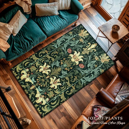Vintage Green Botanical Art Nouveau Rug William Morris Style Victorian Floral Design | Dark Academia Woodland Aesthetic Gothic Cottagecore