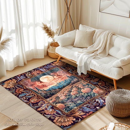 Lunar Night Sky Fall Pumpkin Rug | Autumn Aesthetic Rustic Bedroom Accent Rug Dark Academia Decor Cute Spooky Halloween Vibes Eclectic Style