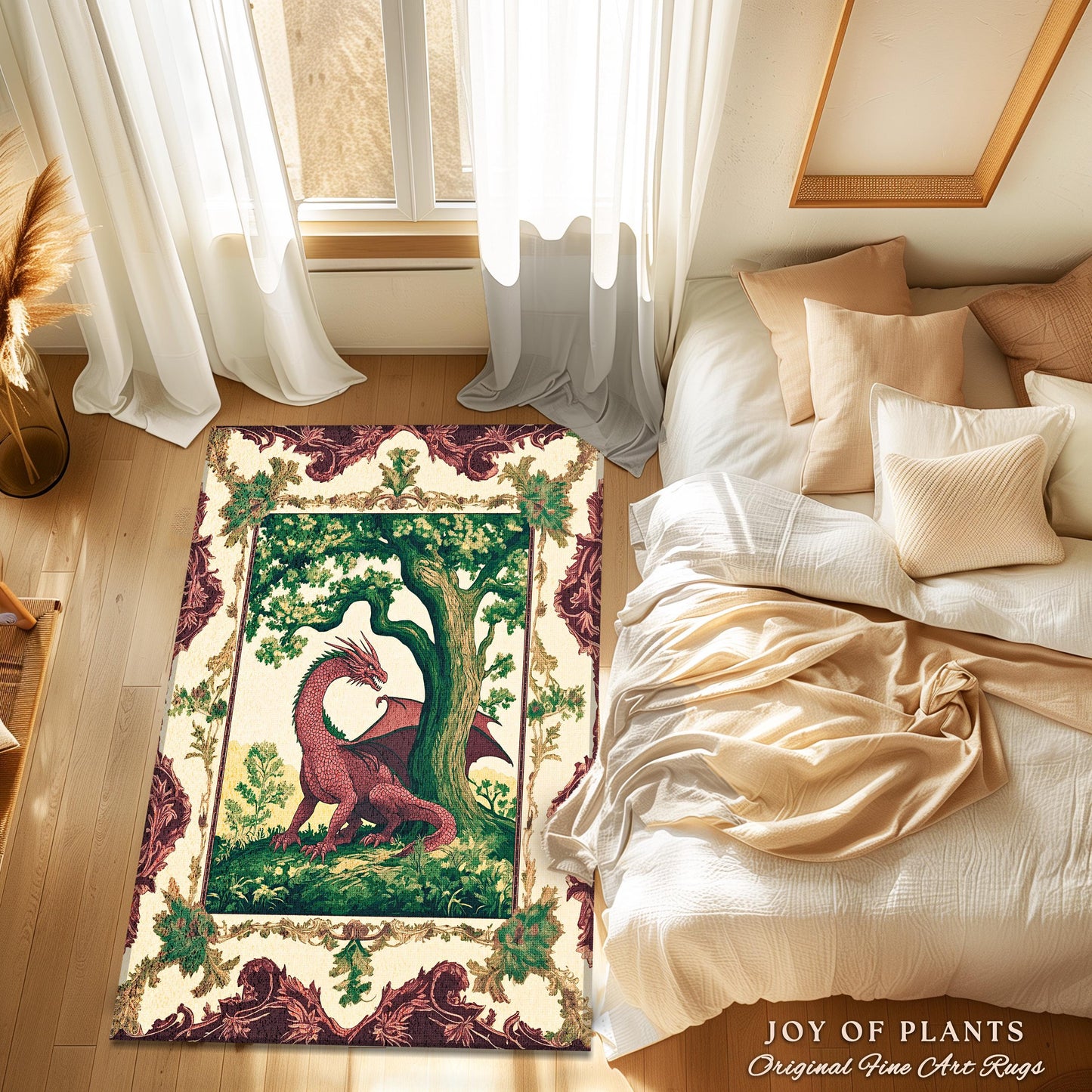 May include: A cream-colored rug with a red dragon and a green tree in a burgundy and gold frame. The rug has a vintage aesthetic and is perfect for adding a touch of whimsy to any room.