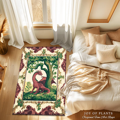 May include: A cream-colored rug with a red dragon and a green tree in a burgundy and gold frame. The rug has a vintage aesthetic and is perfect for adding a touch of whimsy to any room.