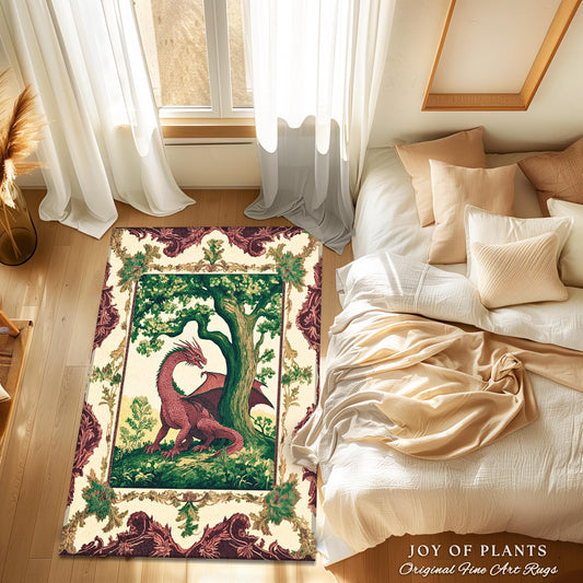 May include: A cream-colored rug with a red dragon and a green tree in a burgundy and gold frame. The rug has a vintage aesthetic and is perfect for adding a touch of whimsy to any room.