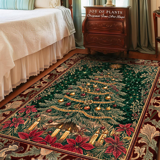 Regal Christmas Tree Poinsettia Rug | Vintage Xmas Home Decor Accent Cozy Winter Decor Festive Cottagecore Throw Rustic Holiday Traditional
