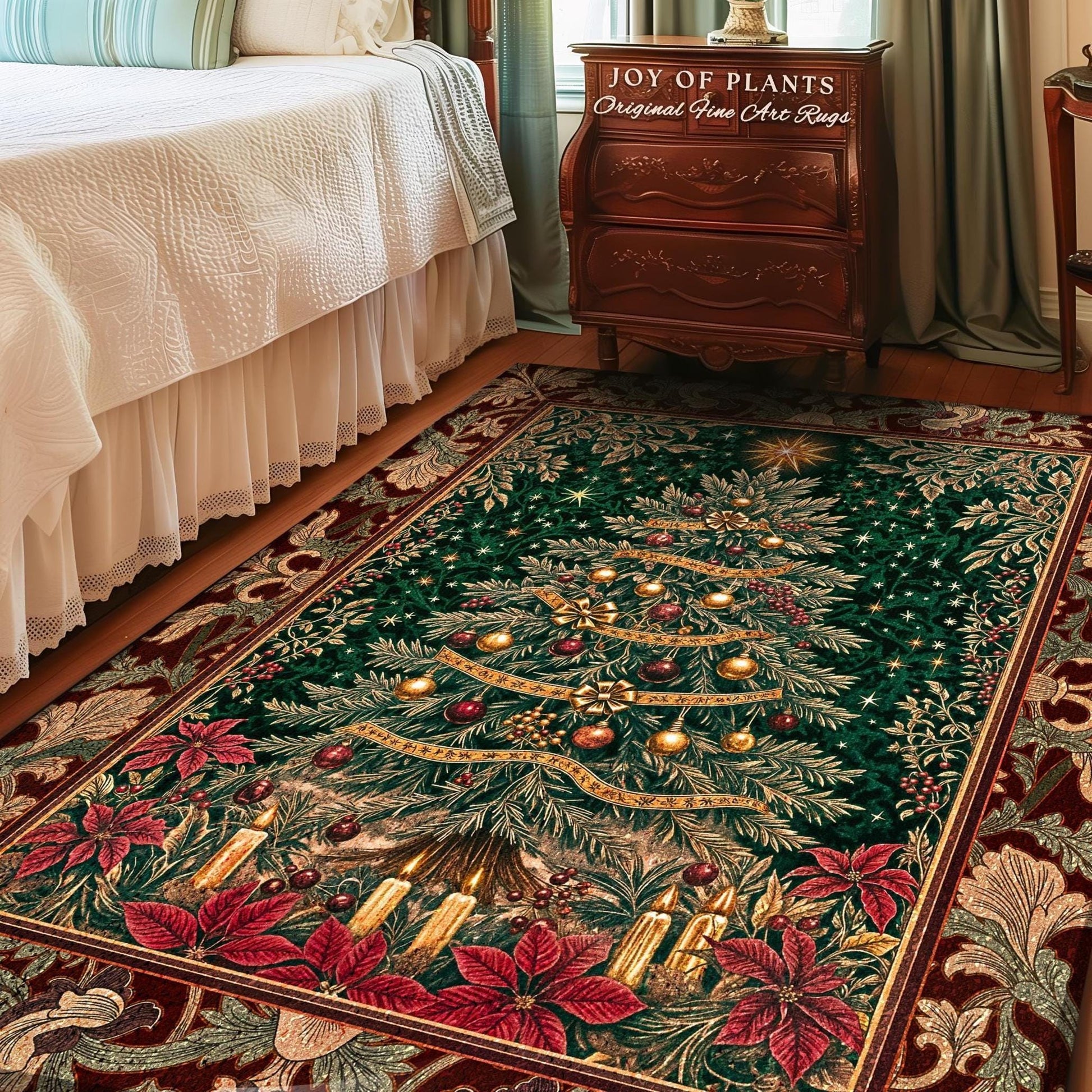 Regal Christmas Tree Poinsettia Rug | Vintage Xmas Home Decor Accent Cozy Winter Decor Festive Cottagecore Throw Rustic Holiday Traditional
