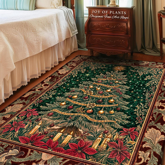Regal Christmas Tree Poinsettia Rug | Vintage Xmas Home Decor Accent Cozy Winter Decor Festive Cottagecore Throw Rustic Holiday Traditional