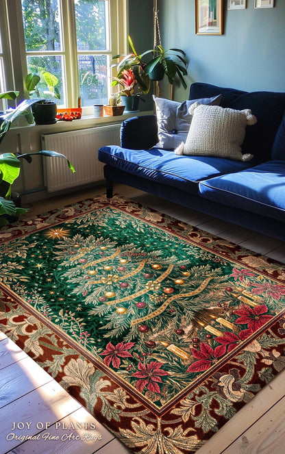 Regal Christmas Tree Poinsettia Rug | Vintage Xmas Home Decor Accent Cozy Winter Decor Festive Cottagecore Throw Rustic Holiday Traditional