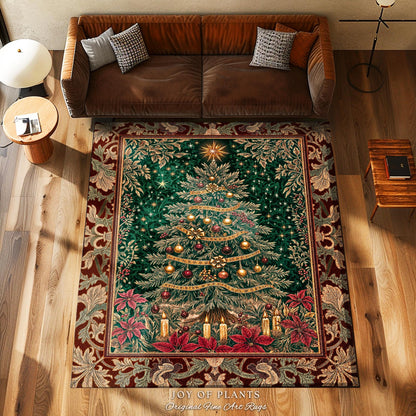 Regal Christmas Tree Poinsettia Rug | Vintage Xmas Home Decor Accent Cozy Winter Decor Festive Cottagecore Throw Rustic Holiday Traditional