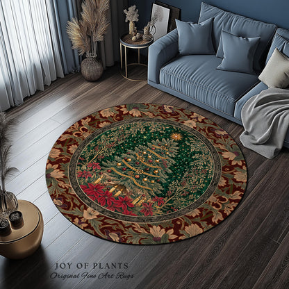 Regal Christmas Tree Poinsettia Rug | Vintage Xmas Home Decor Accent Cozy Winter Decor Festive Cottagecore Throw Rustic Holiday Traditional