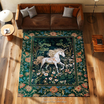 Storybook Aesthetic Mystic Unicorn Rug | Colorful Maximalist Area Rug Whimsical Victorian Fairycore Ethereal Bedroom Rug Medieval Woodland |