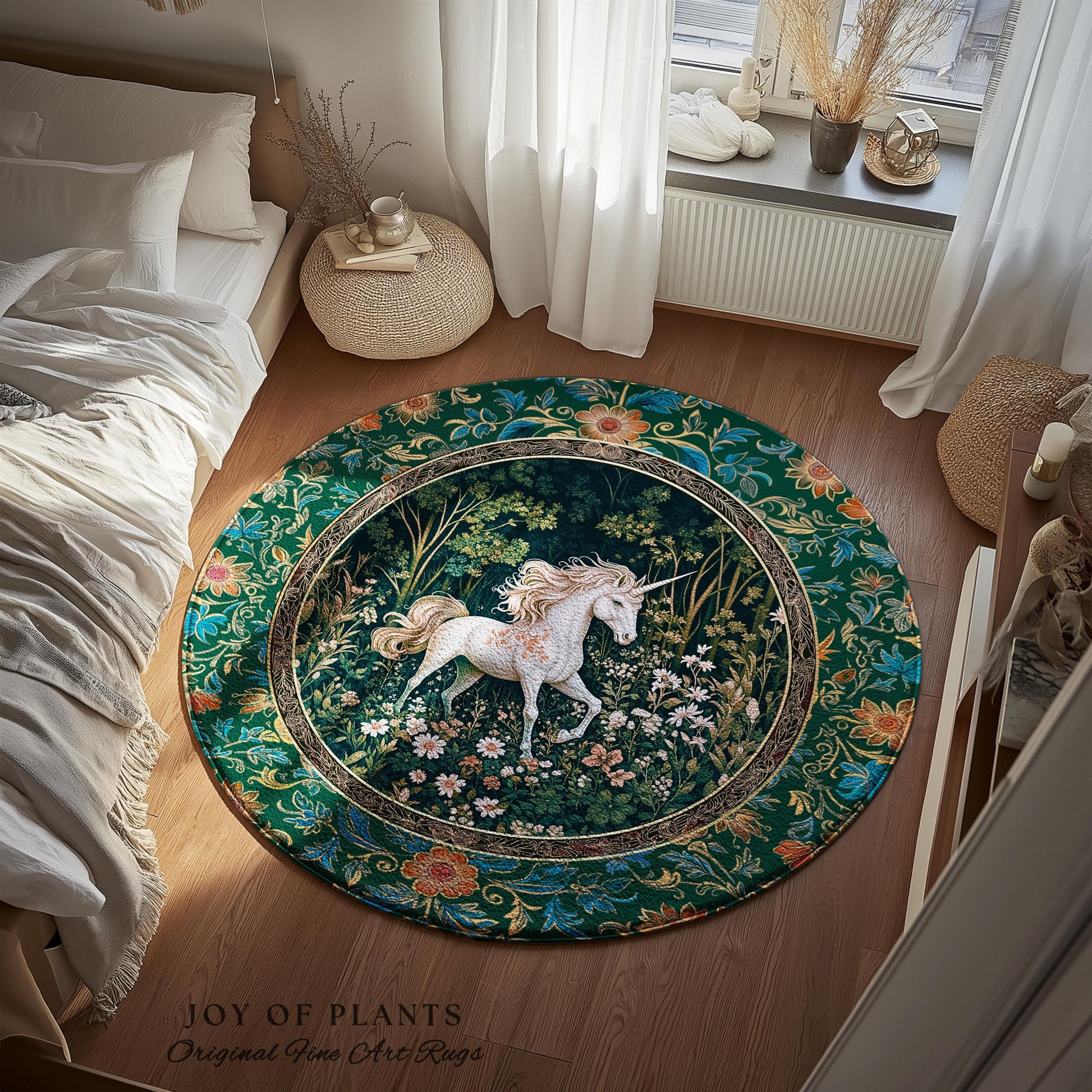 Storybook Aesthetic Mystic Unicorn Rug | Colorful Maximalist Area Rug Whimsical Victorian Fairycore Ethereal Bedroom Rug Medieval Woodland |