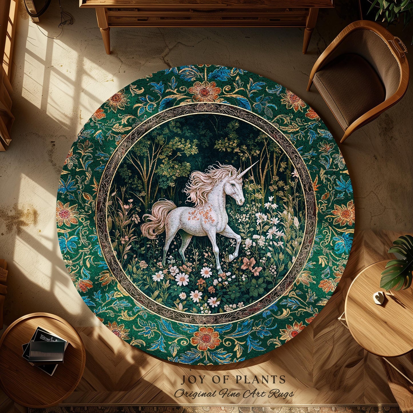 Storybook Aesthetic Mystic Unicorn Rug | Colorful Maximalist Area Rug Whimsical Victorian Fairycore Ethereal Bedroom Rug Medieval Woodland |