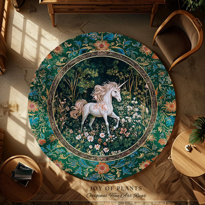 Storybook Aesthetic Mystic Unicorn Rug | Colorful Maximalist Area Rug Whimsical Victorian Fairycore Ethereal Bedroom Rug Medieval Woodland |