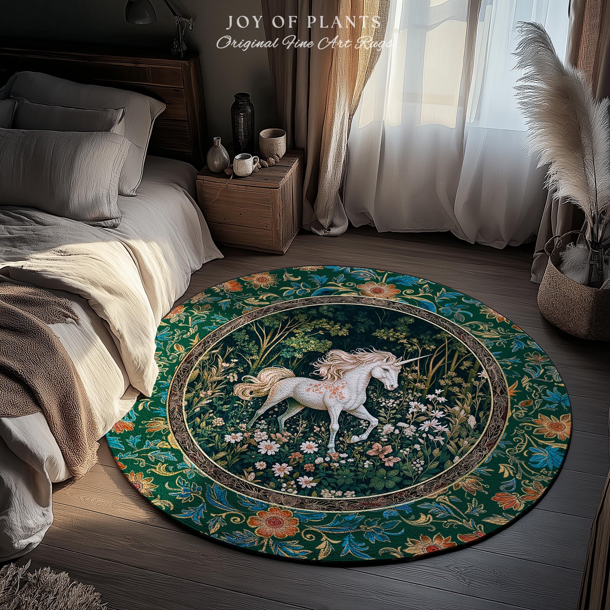 Storybook Aesthetic Mystic Unicorn Rug | Colorful Maximalist Area Rug Whimsical Victorian Fairycore Ethereal Bedroom Rug Medieval Woodland |