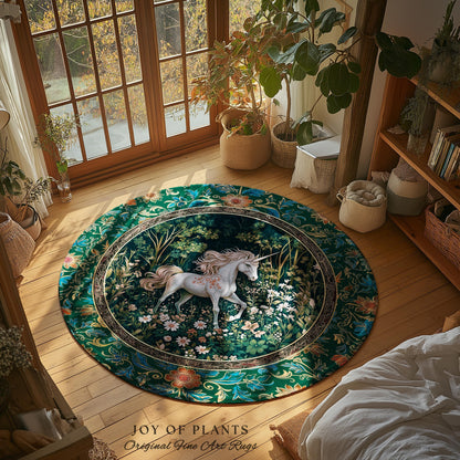 Storybook Aesthetic Mystic Unicorn Rug | Colorful Maximalist Area Rug Whimsical Victorian Fairycore Ethereal Bedroom Rug Medieval Woodland |