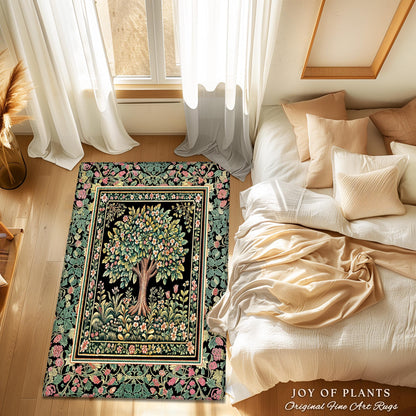 Fairy Garden Tree of Life Rug | Cottagecore Countryside Romantic Floral Landscape Whimsical Chateau Style Bohemian Botanical Home Accent |