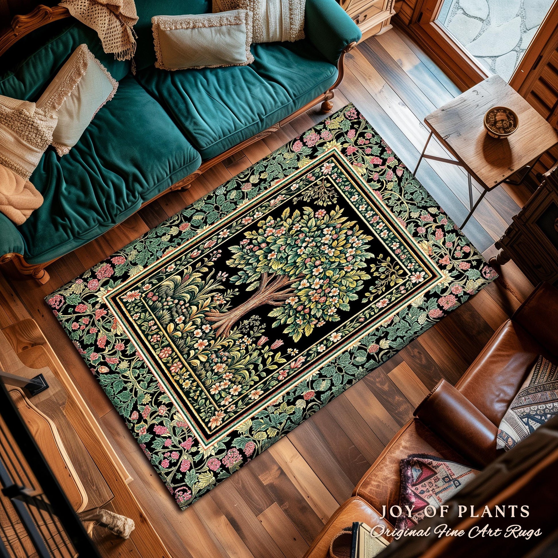 Fairy Garden Tree of Life Rug | Cottagecore Countryside Romantic Floral Landscape Whimsical Chateau Style Bohemian Botanical Home Accent |