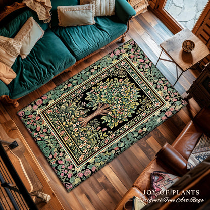 Fairy Garden Tree of Life Rug | Cottagecore Countryside Romantic Floral Landscape Whimsical Chateau Style Bohemian Botanical Home Accent |