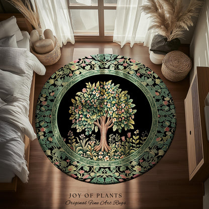 Fairy Garden Tree of Life Rug | Cottagecore Countryside Romantic Floral Landscape Whimsical Chateau Style Bohemian Botanical Home Accent |