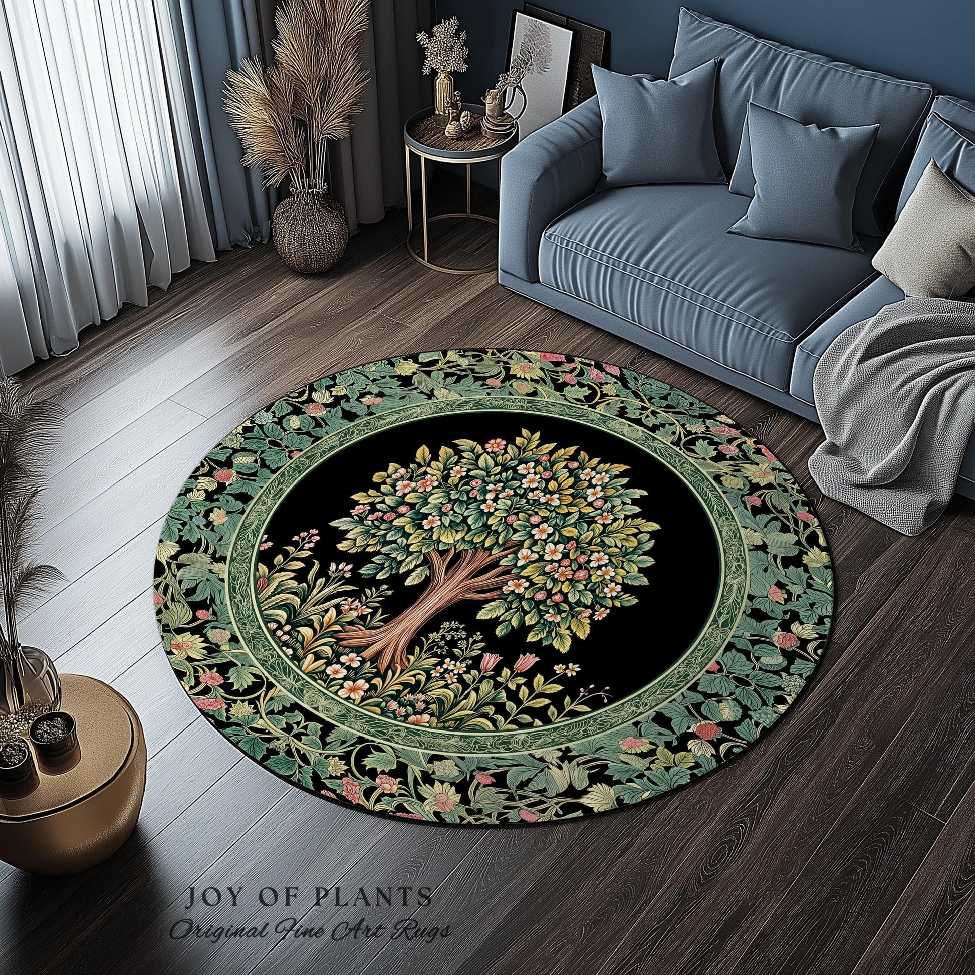 Fairy Garden Tree of Life Rug | Cottagecore Countryside Romantic Floral Landscape Whimsical Chateau Style Bohemian Botanical Home Accent |