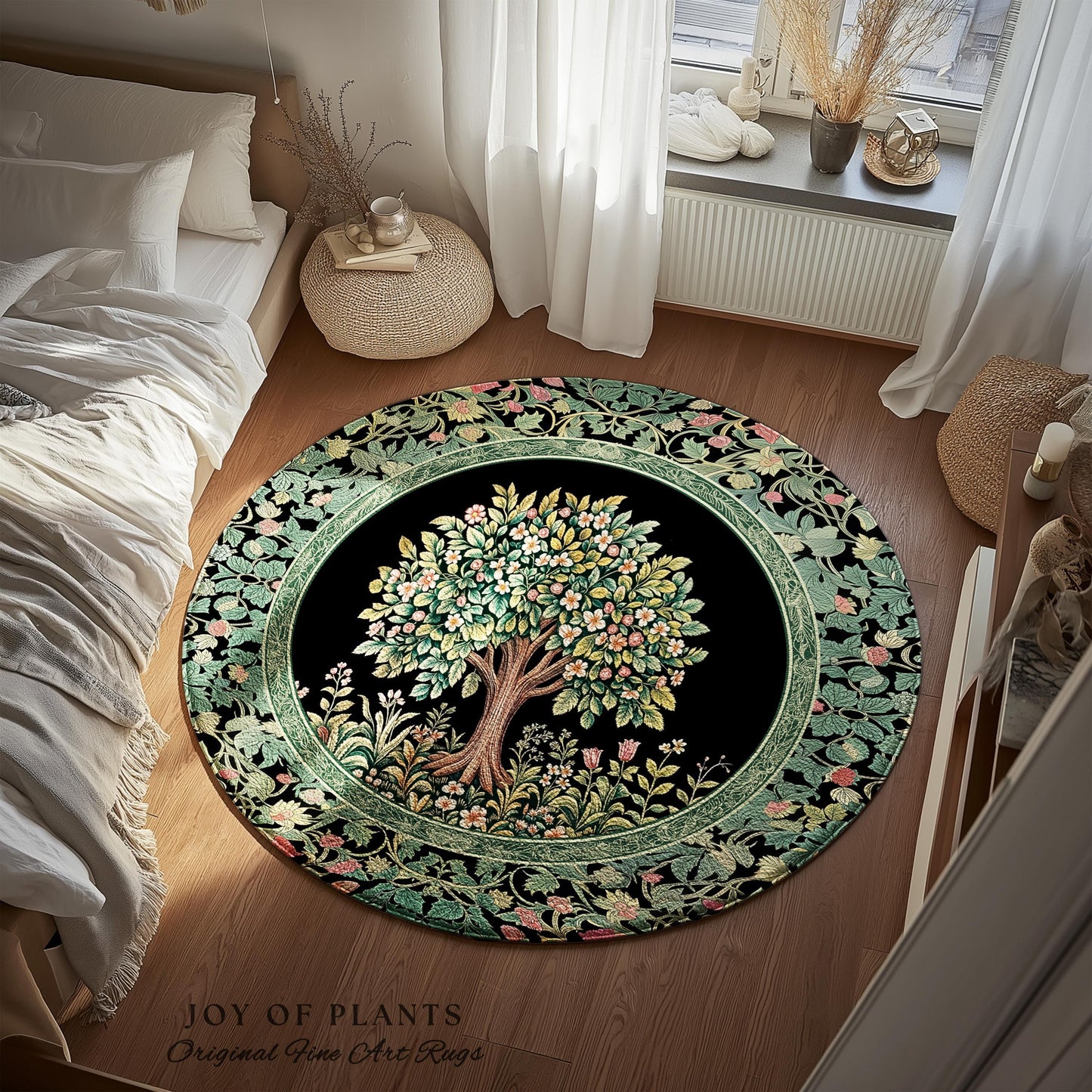 Fairy Garden Tree of Life Rug | Cottagecore Countryside Romantic Floral Landscape Whimsical Chateau Style Bohemian Botanical Home Accent |