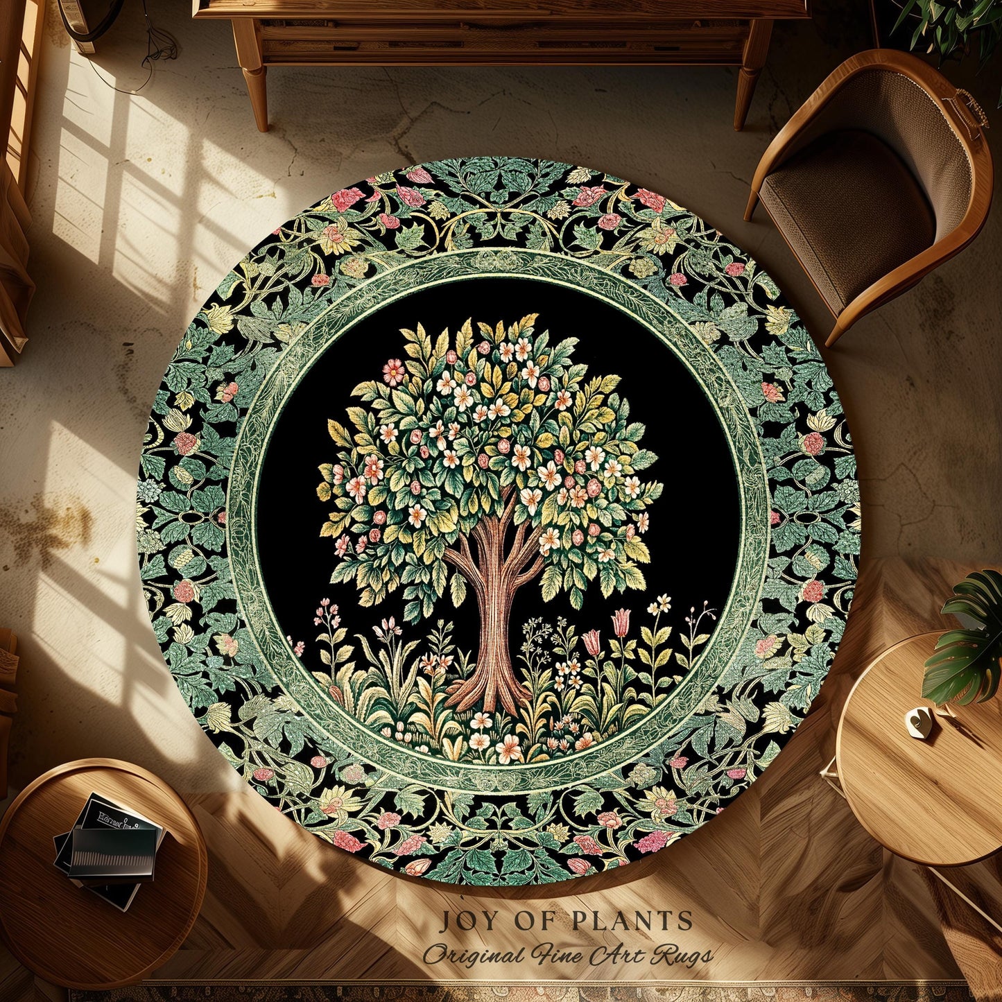 Fairy Garden Tree of Life Rug | Cottagecore Countryside Romantic Floral Landscape Whimsical Chateau Style Bohemian Botanical Home Accent |