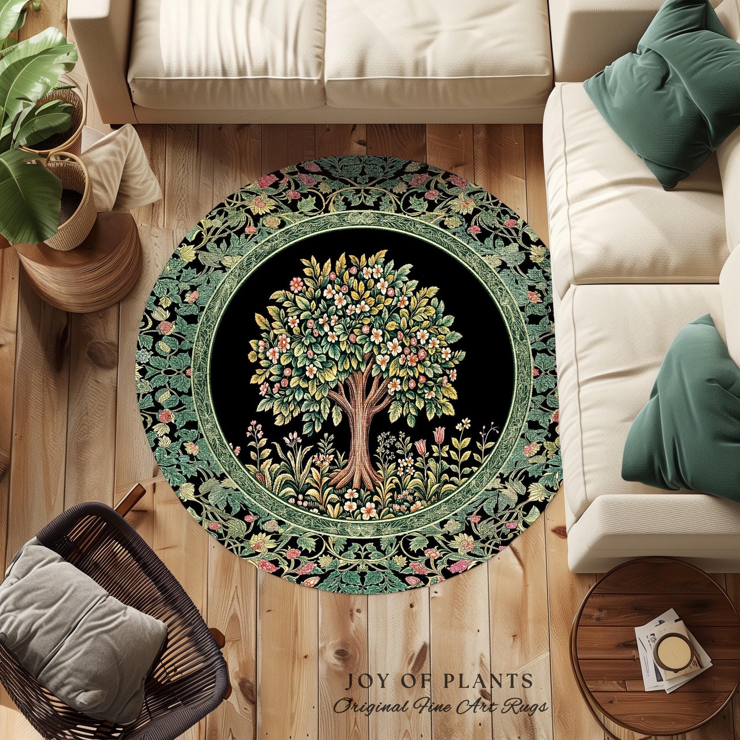 Fairy Garden Tree of Life Rug | Cottagecore Countryside Romantic Floral Landscape Whimsical Chateau Style Bohemian Botanical Home Accent |