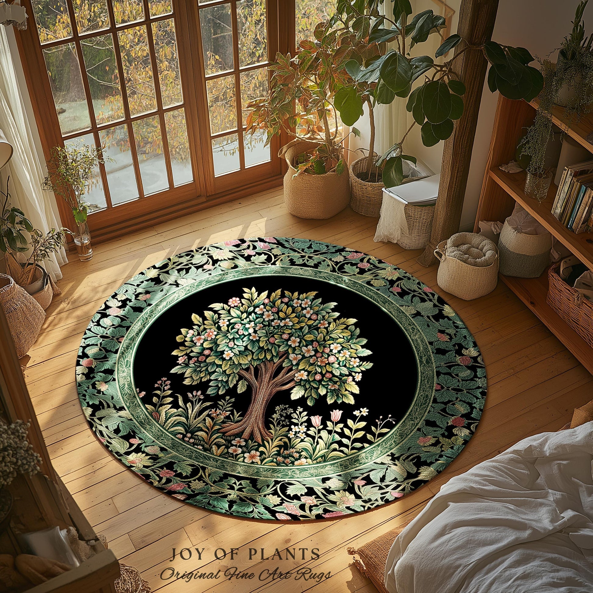 Fairy Garden Tree of Life Rug | Cottagecore Countryside Romantic Floral Landscape Whimsical Chateau Style Bohemian Botanical Home Accent |