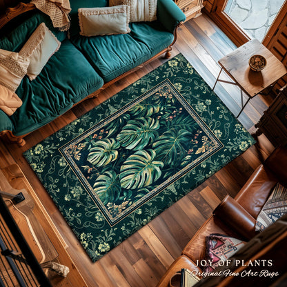 Elegant Botanicals Emerald Area Rug | Tropical Monstera Deliciosa Plant Lover Aesthetic Greenhouse Green Moody Jungle Vibe Dark Maximalist |