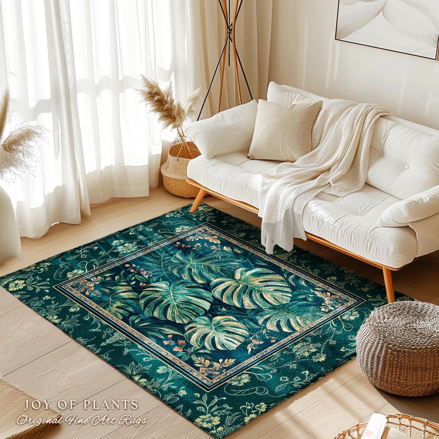 Elegant Botanicals Emerald Area Rug | Tropical Monstera Deliciosa Plant Lover Aesthetic Greenhouse Green Moody Jungle Vibe Dark Maximalist |