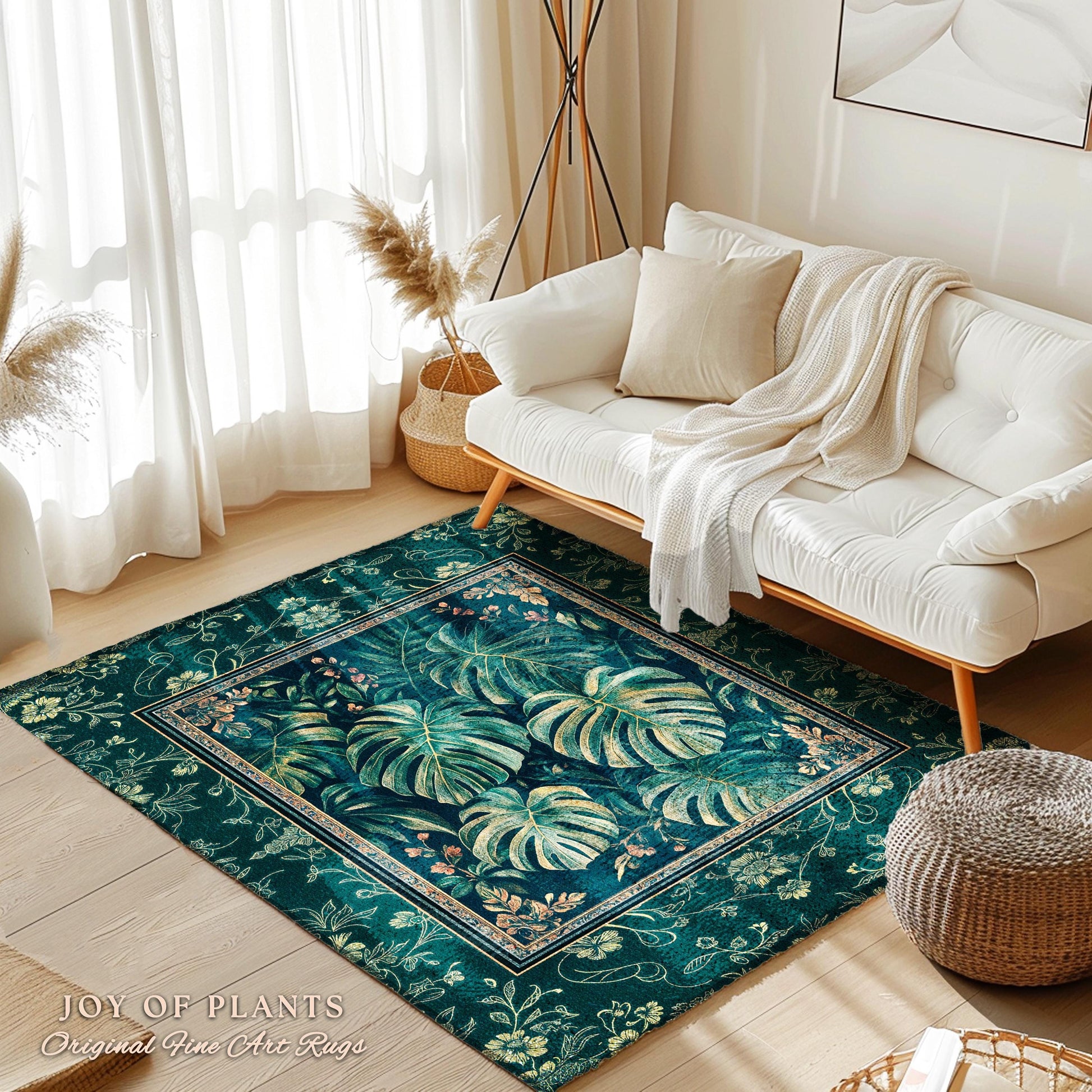 Elegant Botanicals Emerald Area Rug | Tropical Monstera Deliciosa Plant Lover Aesthetic Greenhouse Green Moody Jungle Vibe Dark Maximalist |